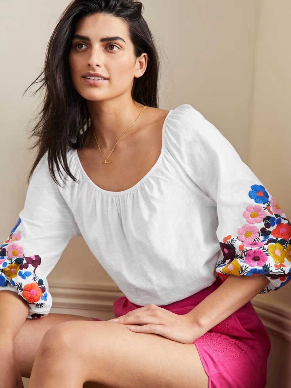 Boden NWT White Embroidered Floral Puff Sleeve Top US 8